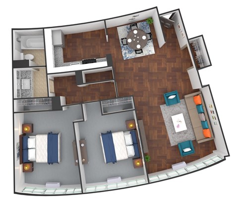 Floor plan for 2 beds, 1 bath, 915 sqft